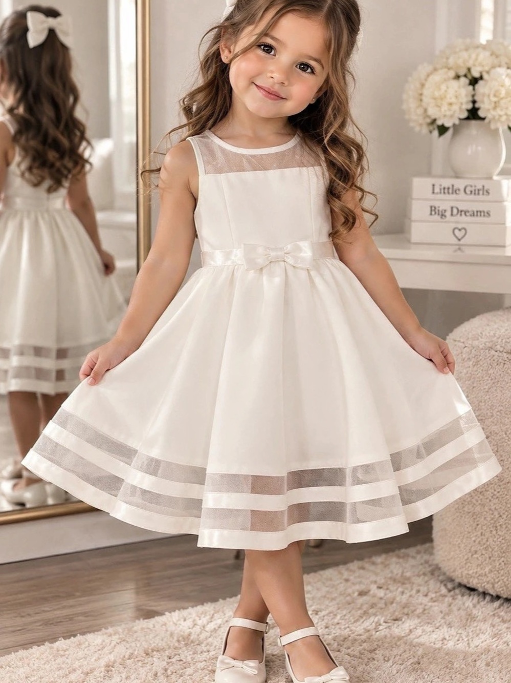 Calvin Klein Big Girls Illusion Mesh Bow Front Dress White Girls 5